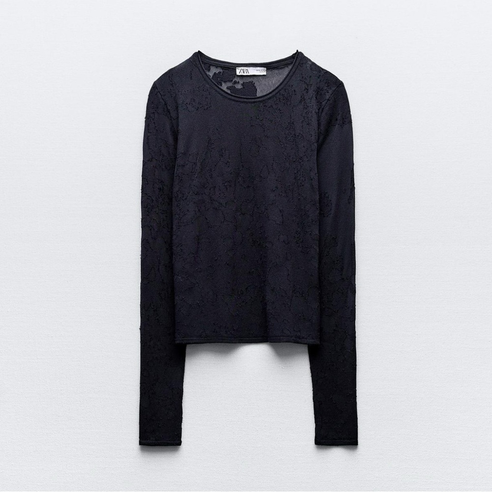 Sheer Jacquard Navy Longsleeve Top
